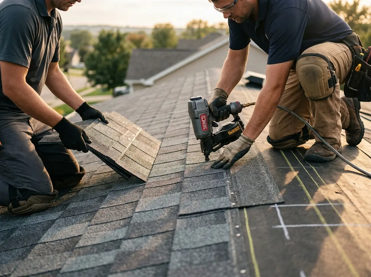 Professional roofer working on a residential roof in Dos Palos